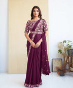 Plum Crepe Satin Silk Drape Saree with Stitched Satin Silk Blouse
