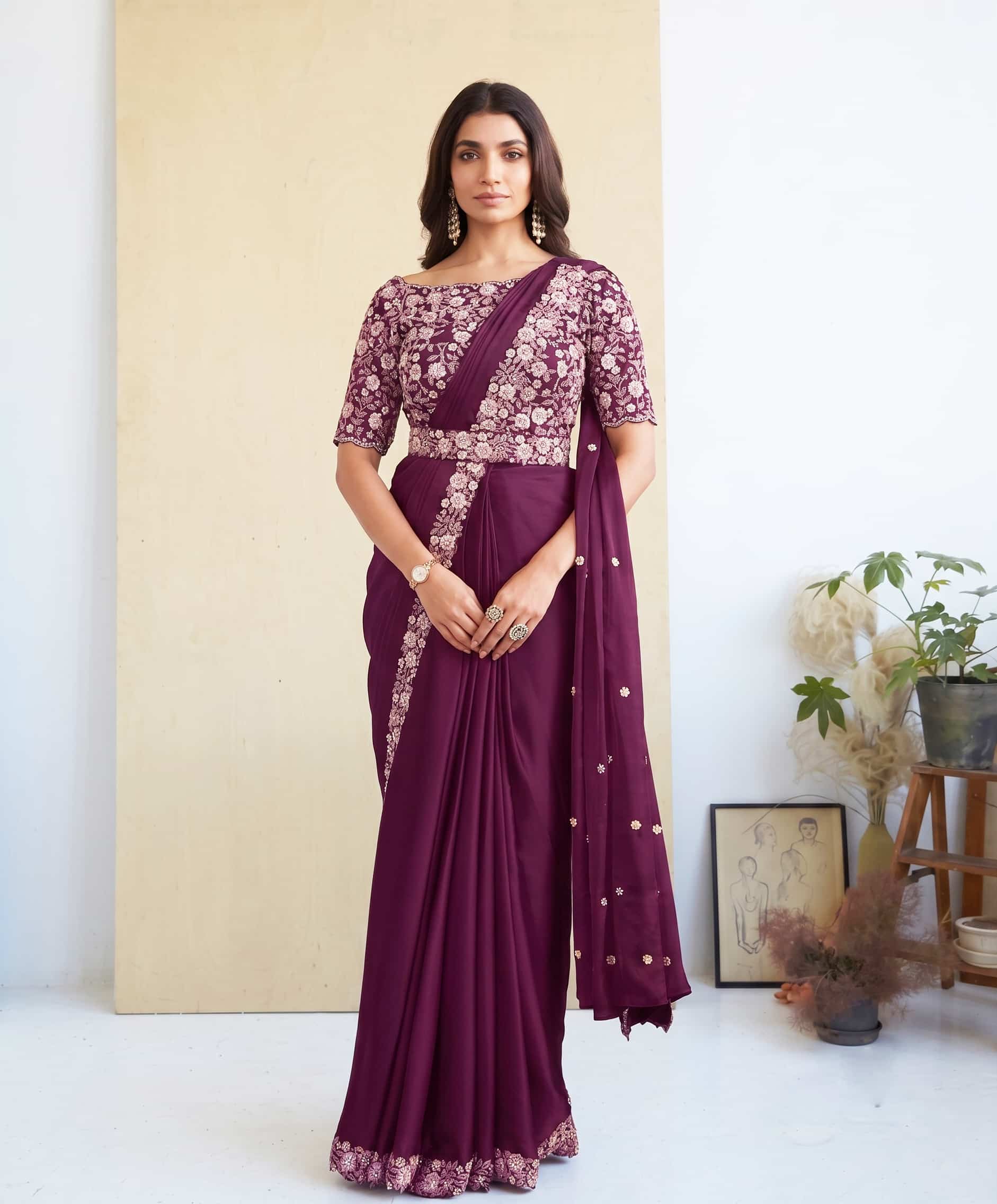 Plum Crepe Satin Silk Drape Saree with Stitched Satin Silk Blouse