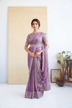 Lavender Crepe Satin Silk Drape Saree with Stitched Malai Satin Blouse