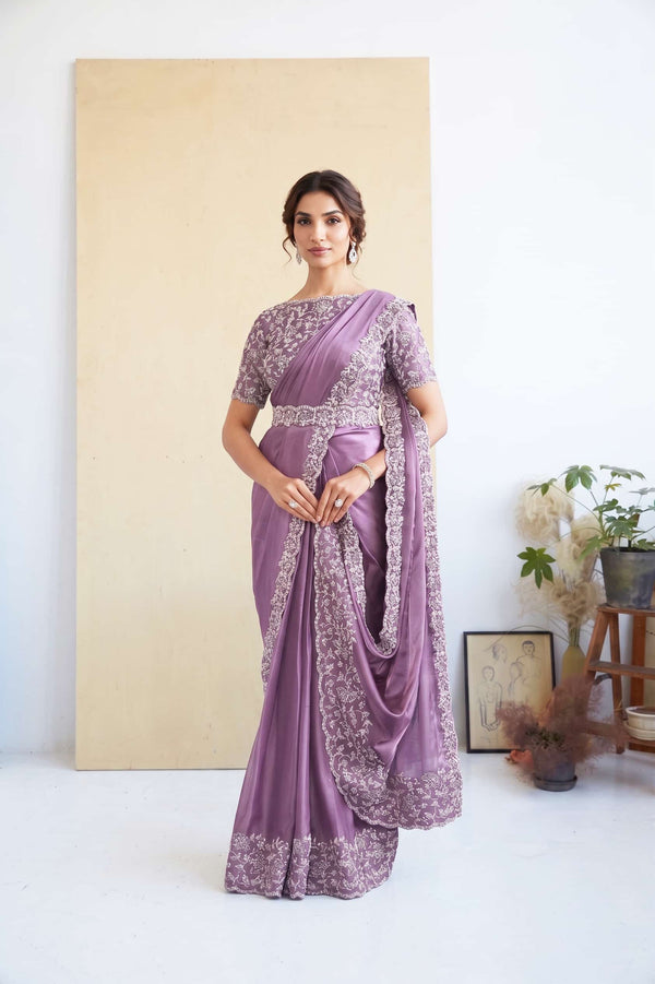 Lavender Crepe Satin Silk Ready-to-Wear Work Ready to Wear Drape Saree