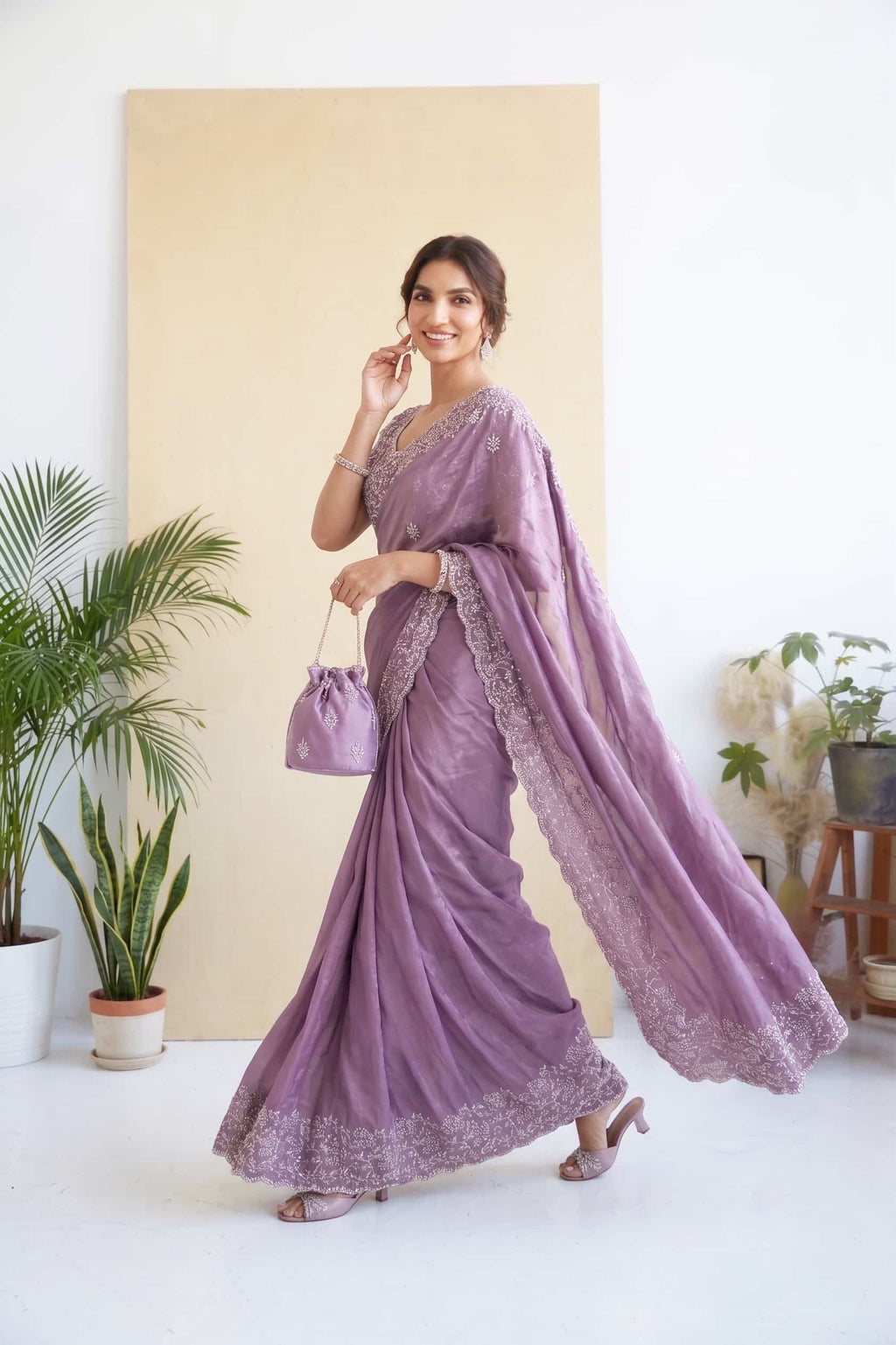Lavender Crepe Satin Silk Drape Saree with Stitched Malai Satin Blouse