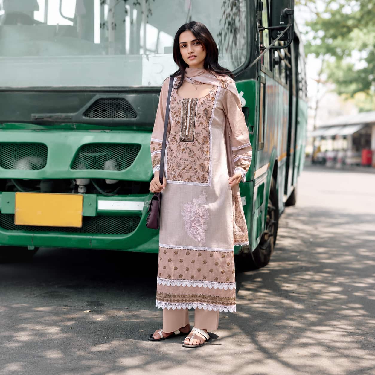 Taupe Beige Pure Cotton Lawn Digital Print Salwar Suit with Cotton Slub Dupatta