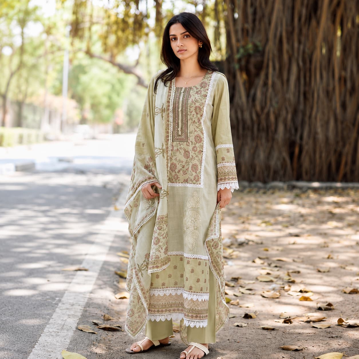 Sage Green Pure Cotton Lawn Digital Print Salwar Suit with Cotton Slub Dupatta