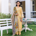 Unstitched pastel yellow lawn cotton digital print salwar kameez with resham embroidery and Bemberg muslin dupatta