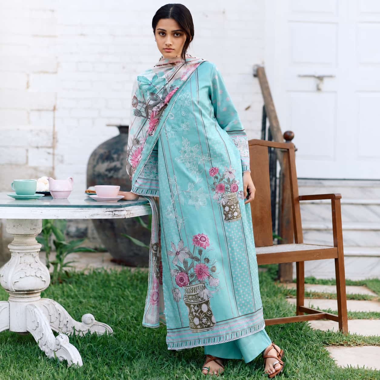 Unstitched aqua blue lawn cotton digital print salwar kameez with resham embroidery and Bemberg muslin dupatta