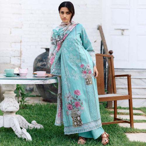 Aqua Blue pure cotton lawn embroidered unstitched salwar suit with Bemberg muslin dupatta by Naksh Creation