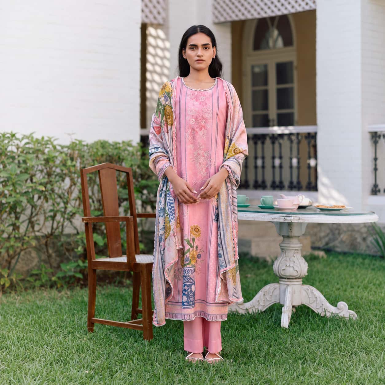 Unstitched pastel pink lawn cotton digital print salwar kameez with resham embroidery and Bemberg muslin dupatta