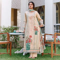 Unstitched pastel beige lawn cotton digital print salwar kameez with resham embroidery and Bemberg muslin dupatta
