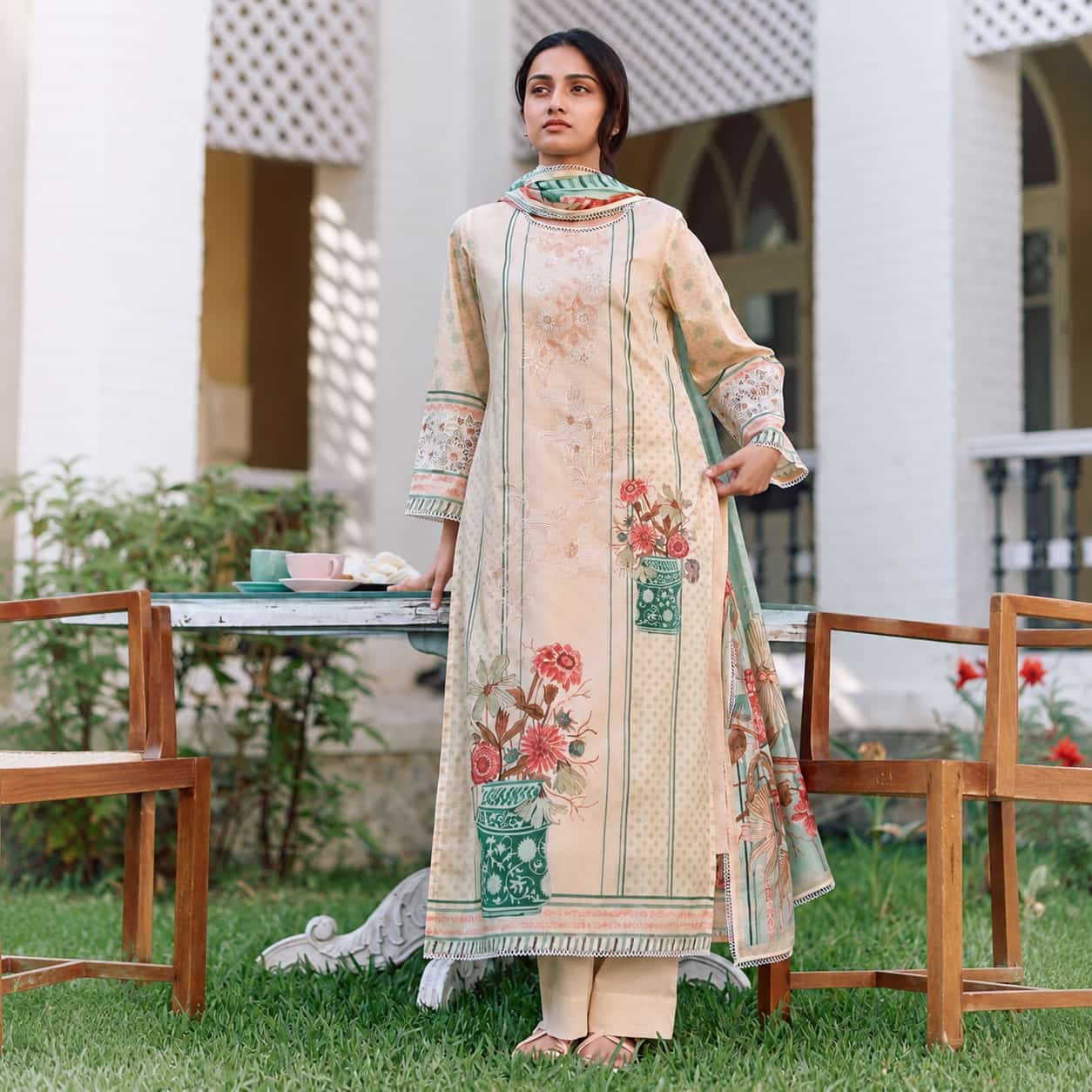 Unstitched pastel beige lawn cotton digital print salwar kameez with resham embroidery and Bemberg muslin dupatta