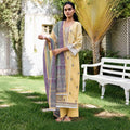 Mustard lawn cotton embroidered unstitched salwar kameez with Mul Kota dupatta