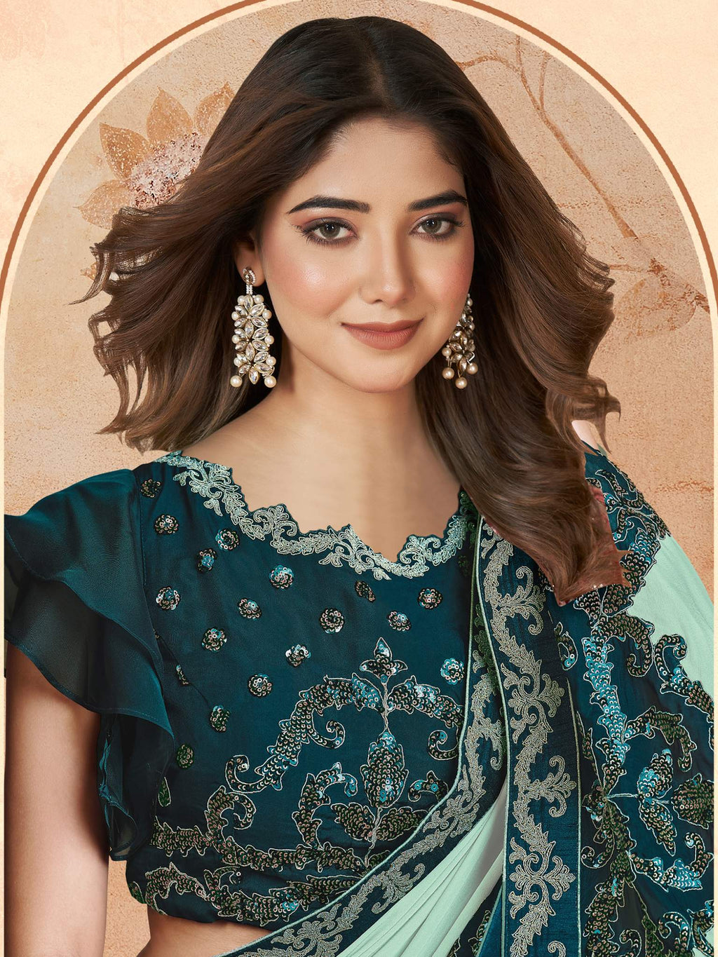 Sea Green Silk Georgette Cord Saree - View 2