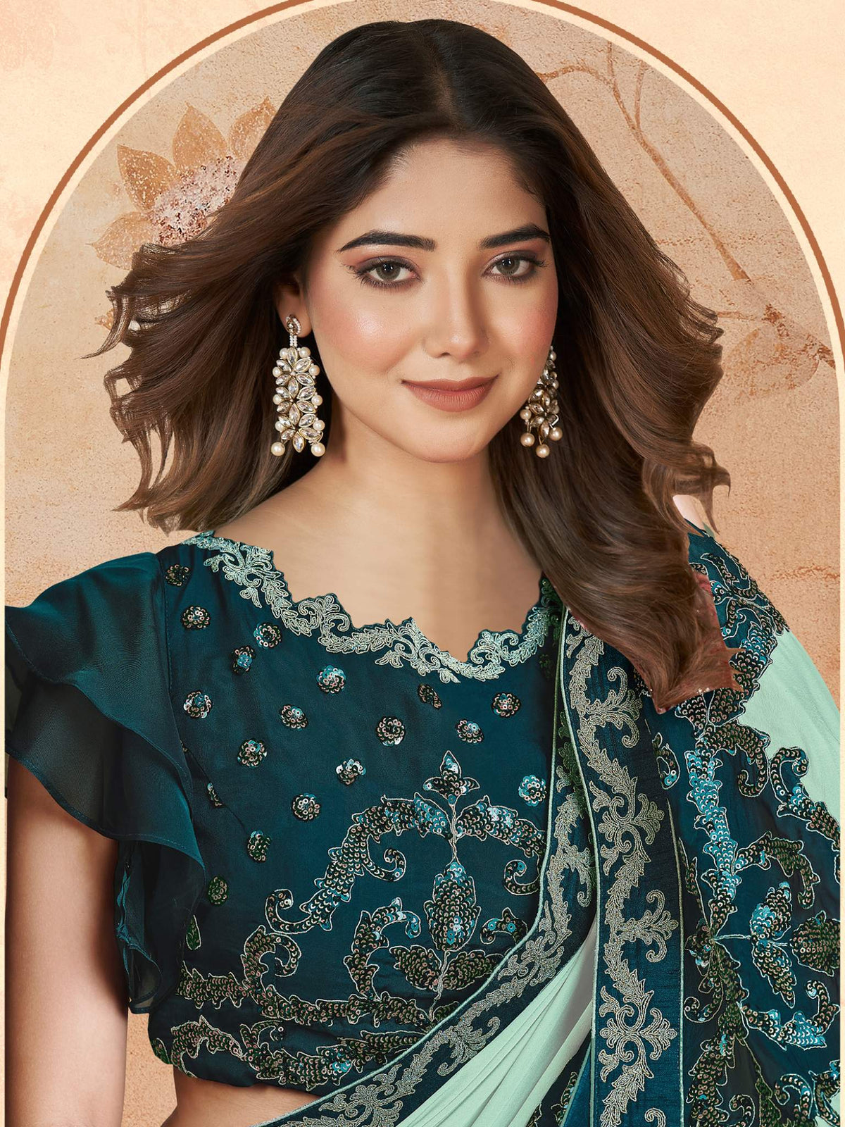 Sea Green Silk Georgette Cord Saree - View 2