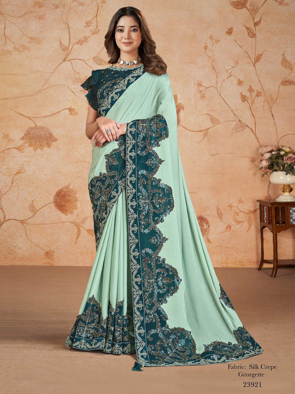 Sea Green Silk Georgette Cord Saree - View 1