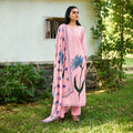 Pink self-weave cotton handworked unstitched salwar kameez with floral appliqué, embroidered placket and cotton slub dupatta by Naksh Creation