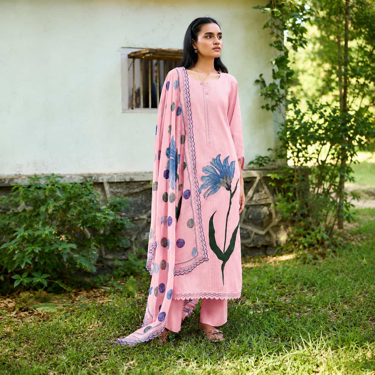 Pink self-weave cotton handworked unstitched salwar kameez with floral appliqué, embroidered placket and cotton slub dupatta by Naksh Creation