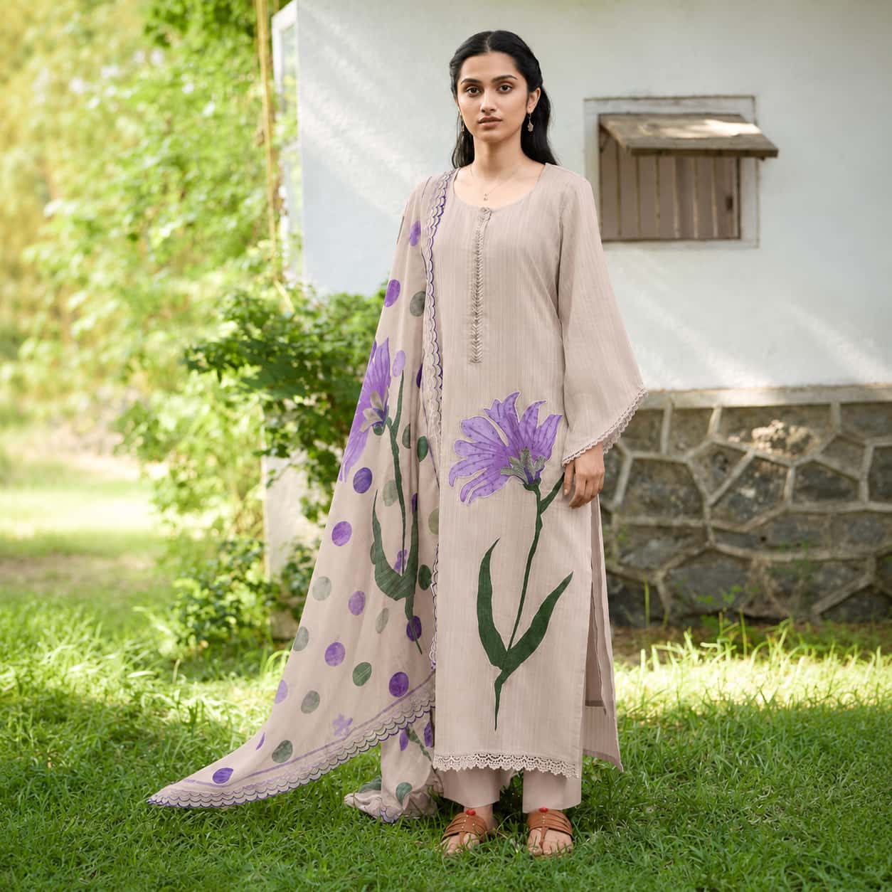 Beige self-weave cotton handworked unstitched salwar kameez with floral appliqué, embroidered placket and cotton slub dupatta by Naksh Creation