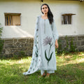 Ice blue pure self weave cotton floral appliqué unstitched salwar suit with cotton slub digital printed dupatta by Naksh Creation