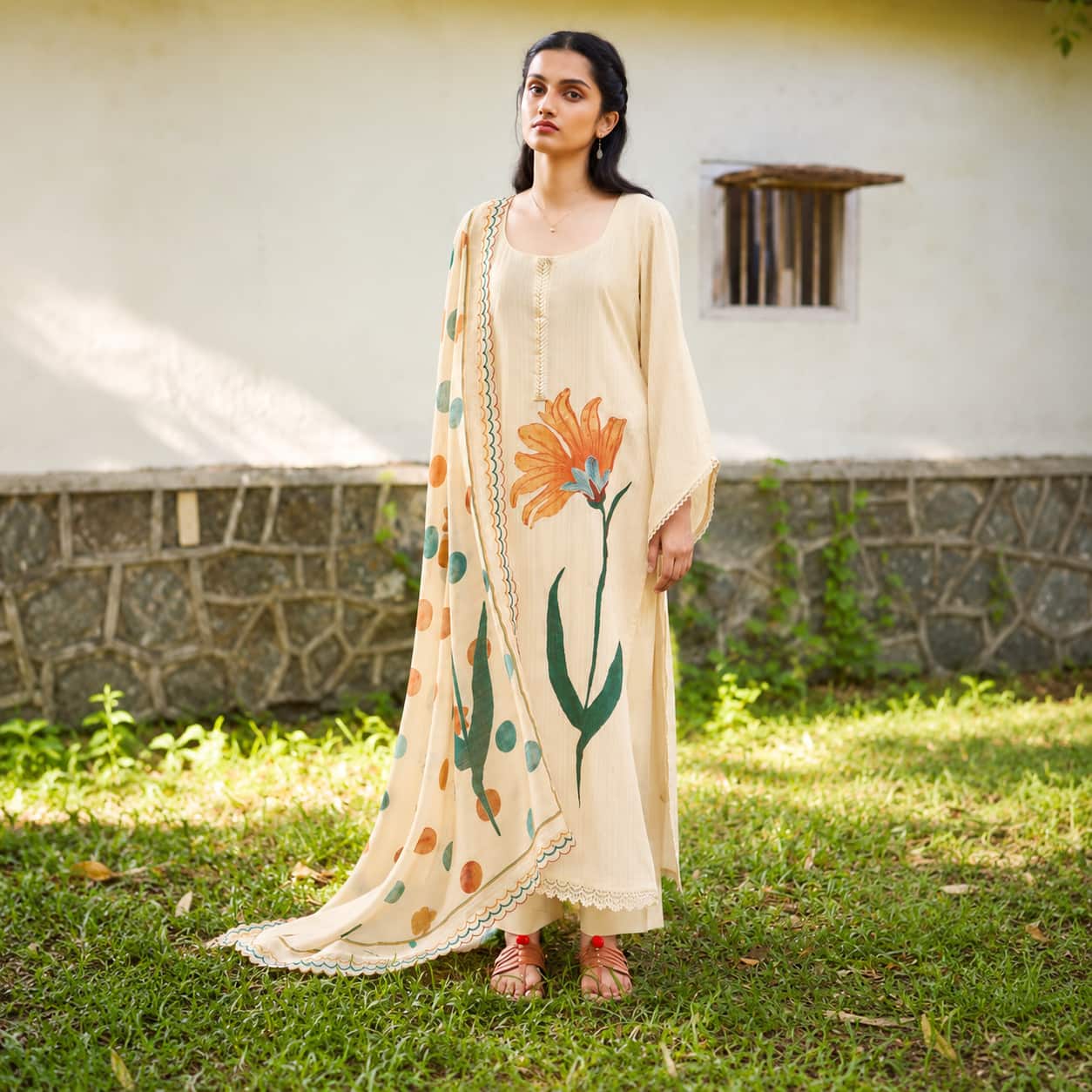 Mint Green self-weave cotton handworked unstitched salwar kameez with floral appliqué, embroidered placket and cotton slub dupatta by Naksh Creation