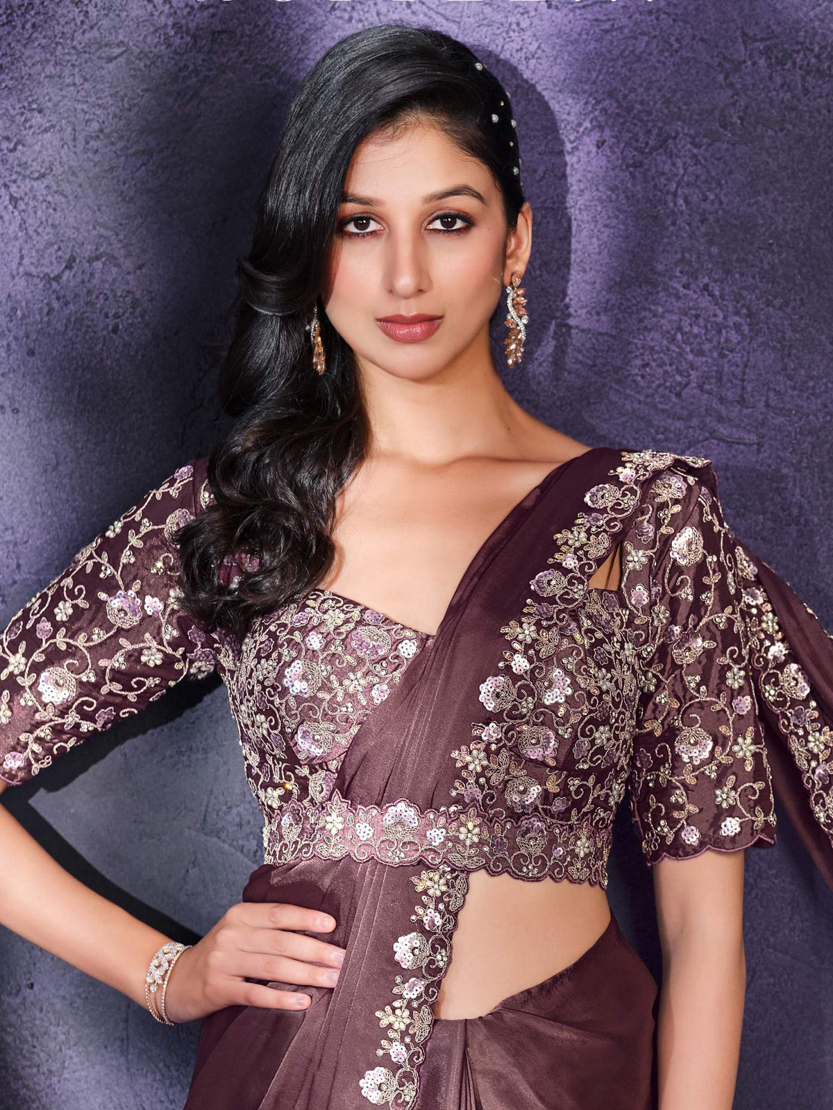 Brown Crepe Satin Silk Cord Drape Saree - View 1
