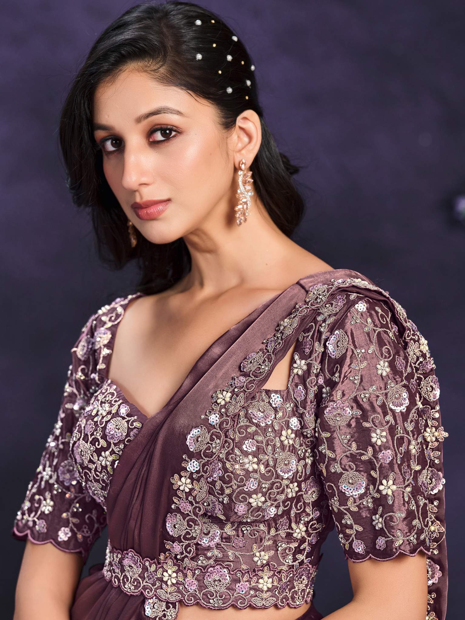 Brown Crepe Satin Silk Cord Drape Saree - View 2