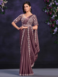 Brown Crepe Satin Silk Cord Drape Saree
