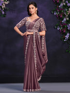 Brown Crepe Satin Silk Cord Drape Saree