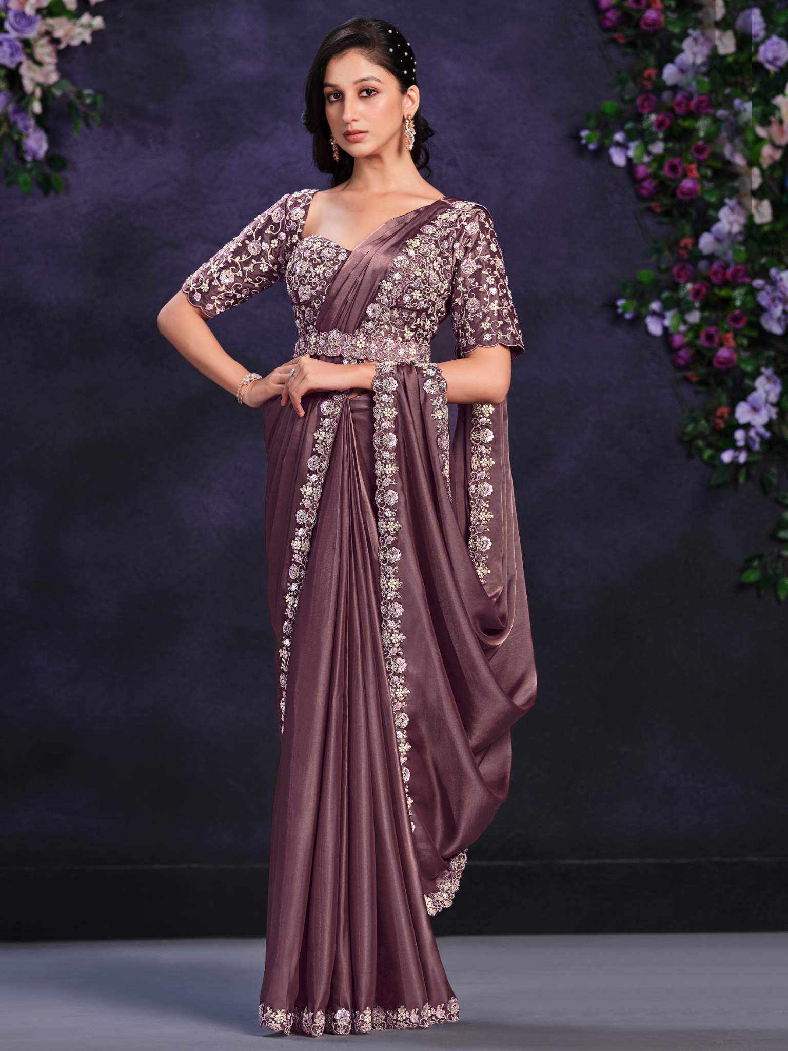Brown Crepe Satin Silk Cord Drape Saree