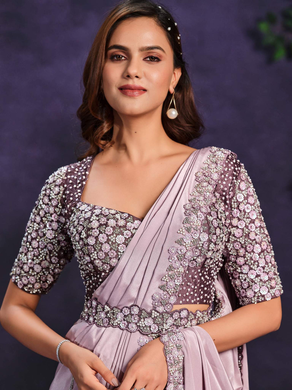 Lavendar Pure Crape Georgette Cord Drape Saree - View 1