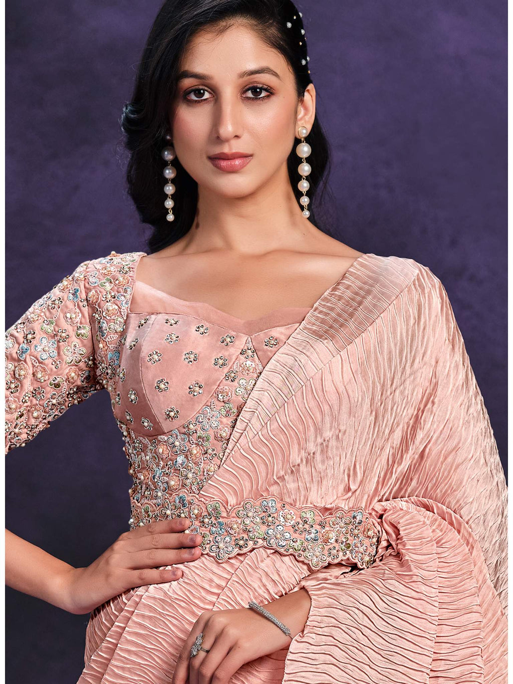 Peach Crepe Satin Silk Cord Drape Saree - View 1