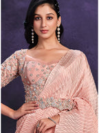 Peach Crepe Satin Silk Cord Drape Saree - View 1