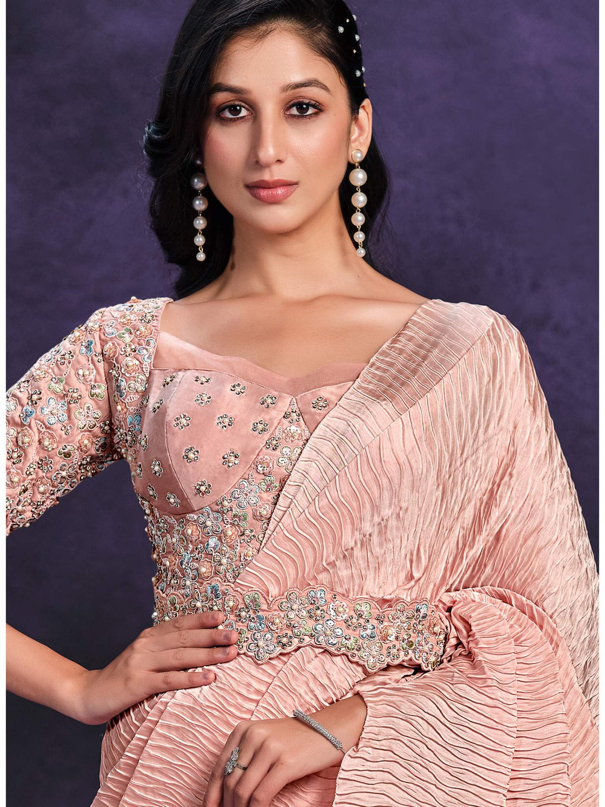 Peach Crepe Satin Silk Cord Drape Saree - View 1