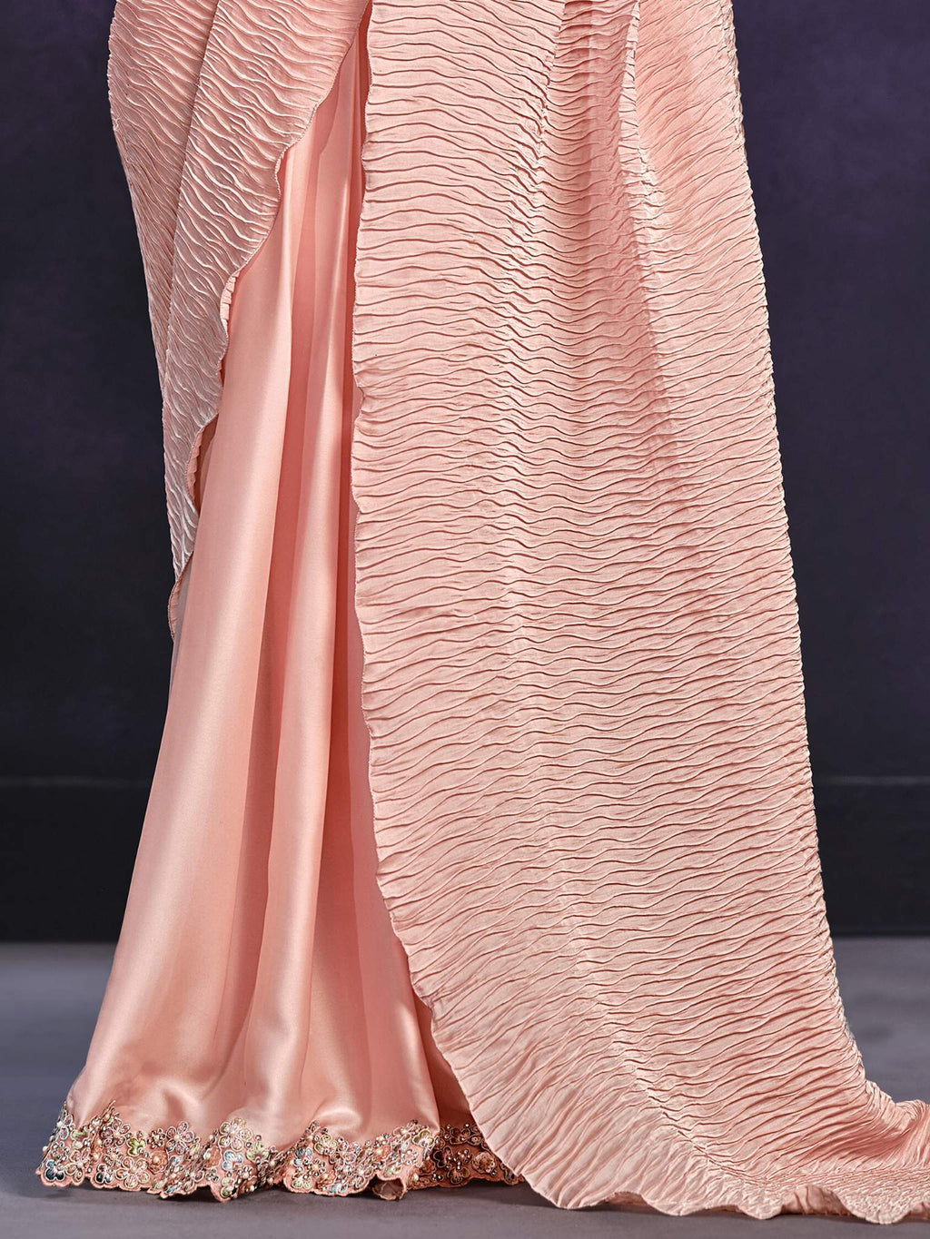 Peach Crepe Satin Silk Cord Drape Saree - View 2