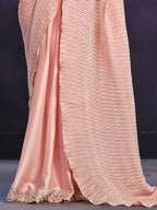 Peach Crepe Satin Silk Cord Drape Saree - View 2