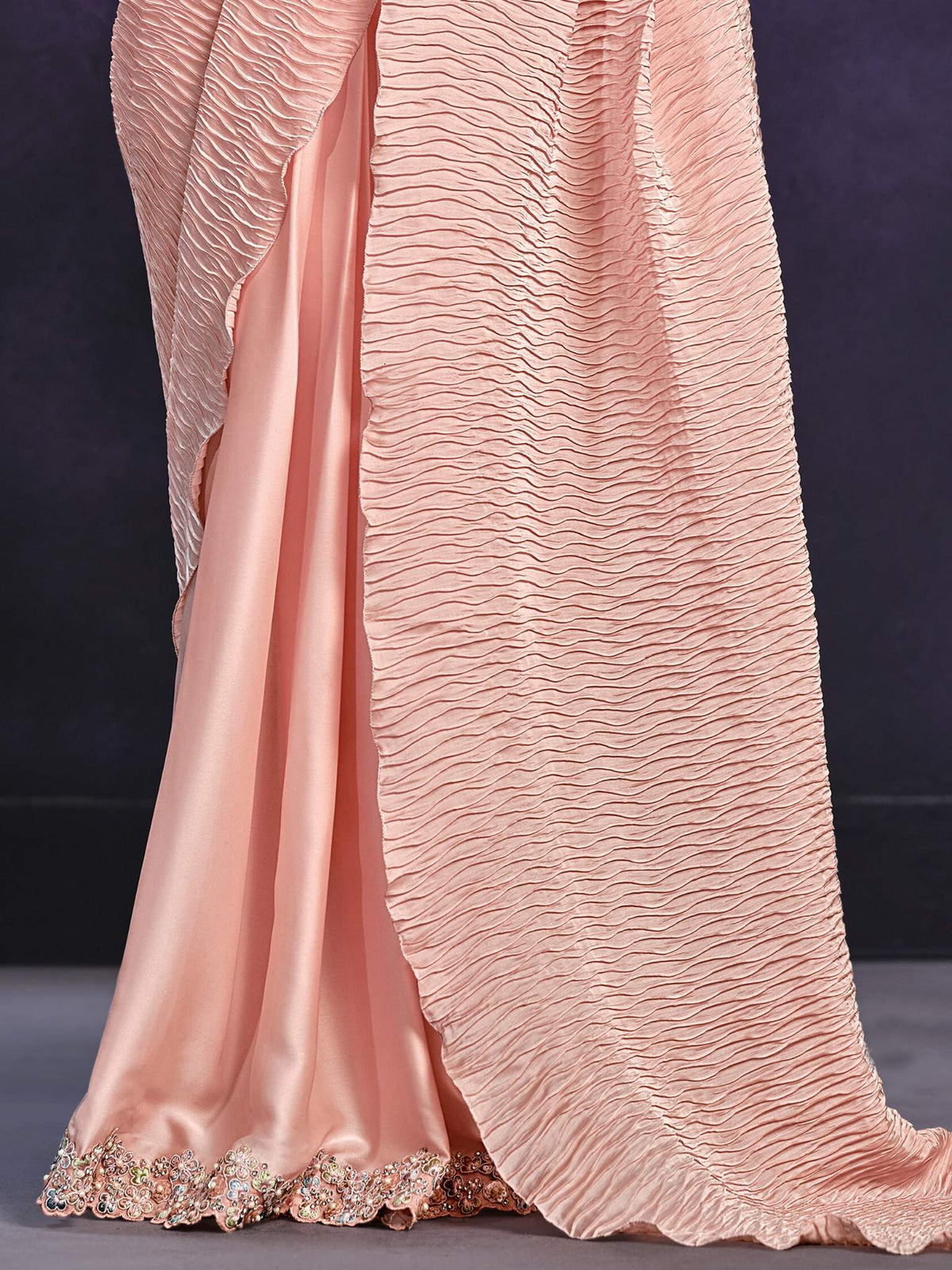 Peach Crepe Satin Silk Cord Drape Saree - View 2