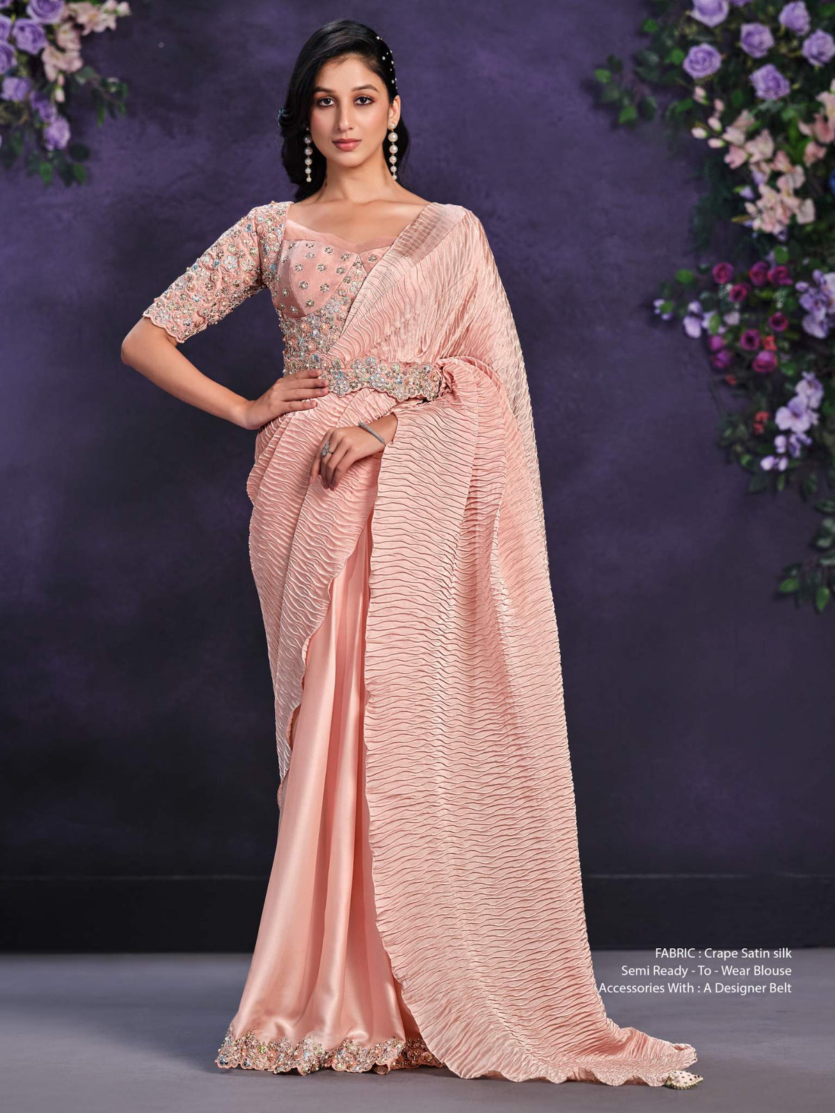 Peach Crepe Satin Silk Cord Drape Saree