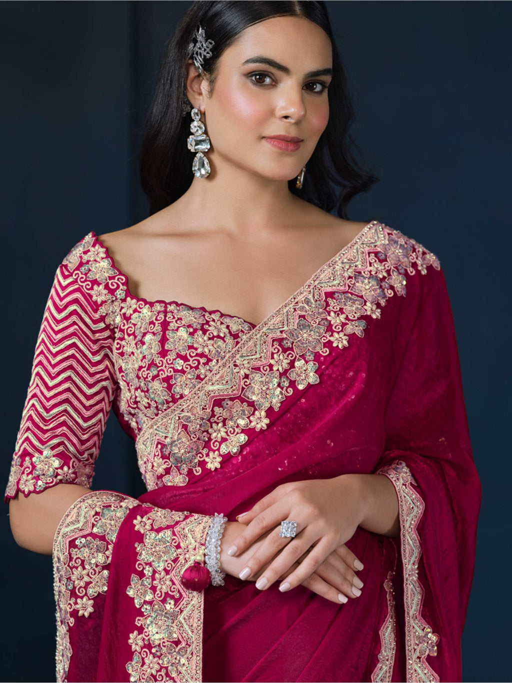Pink Two Tone Satin Silk Sequins Saree