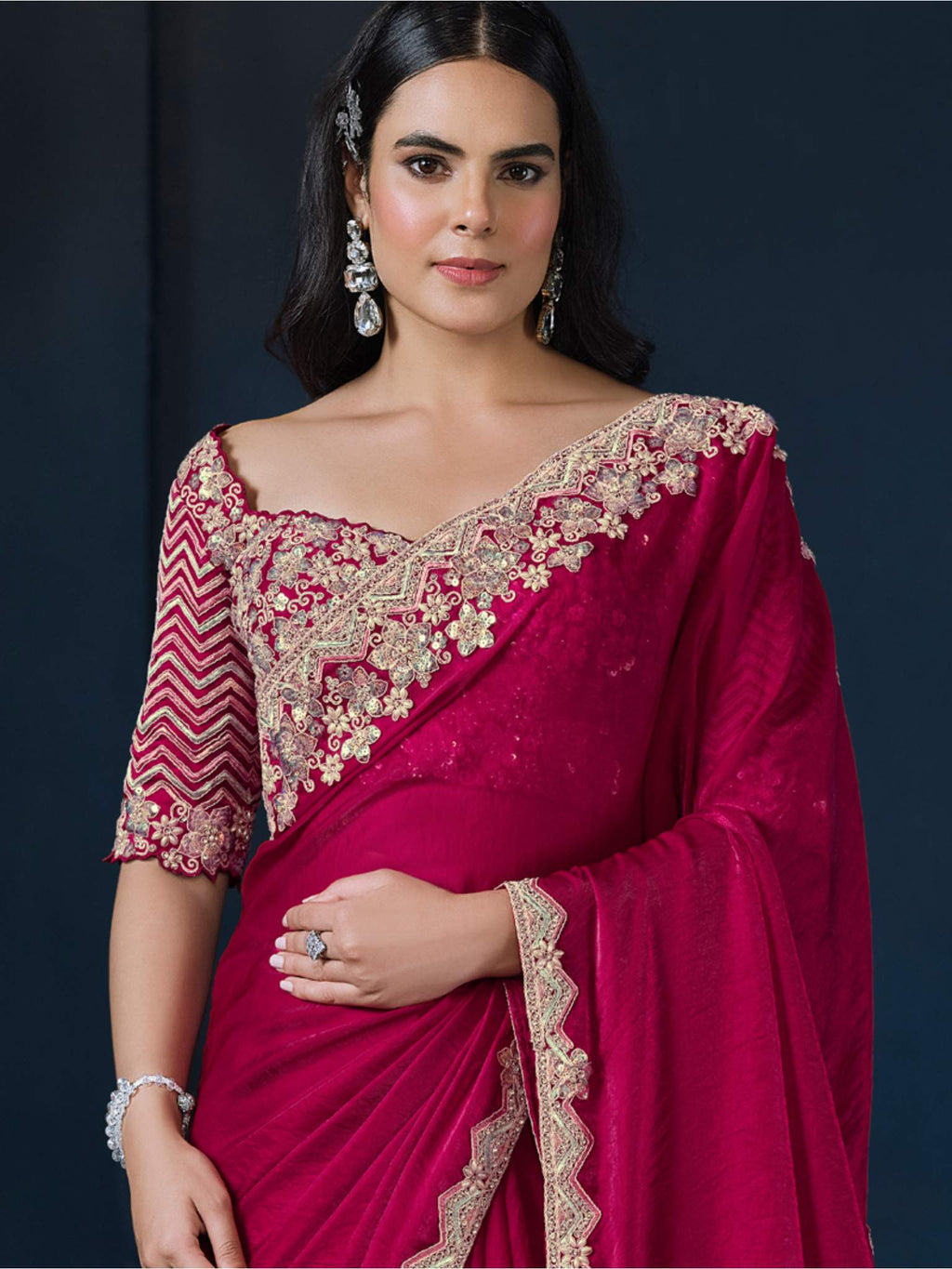Pink Two Tone Satin Silk Sequins Saree