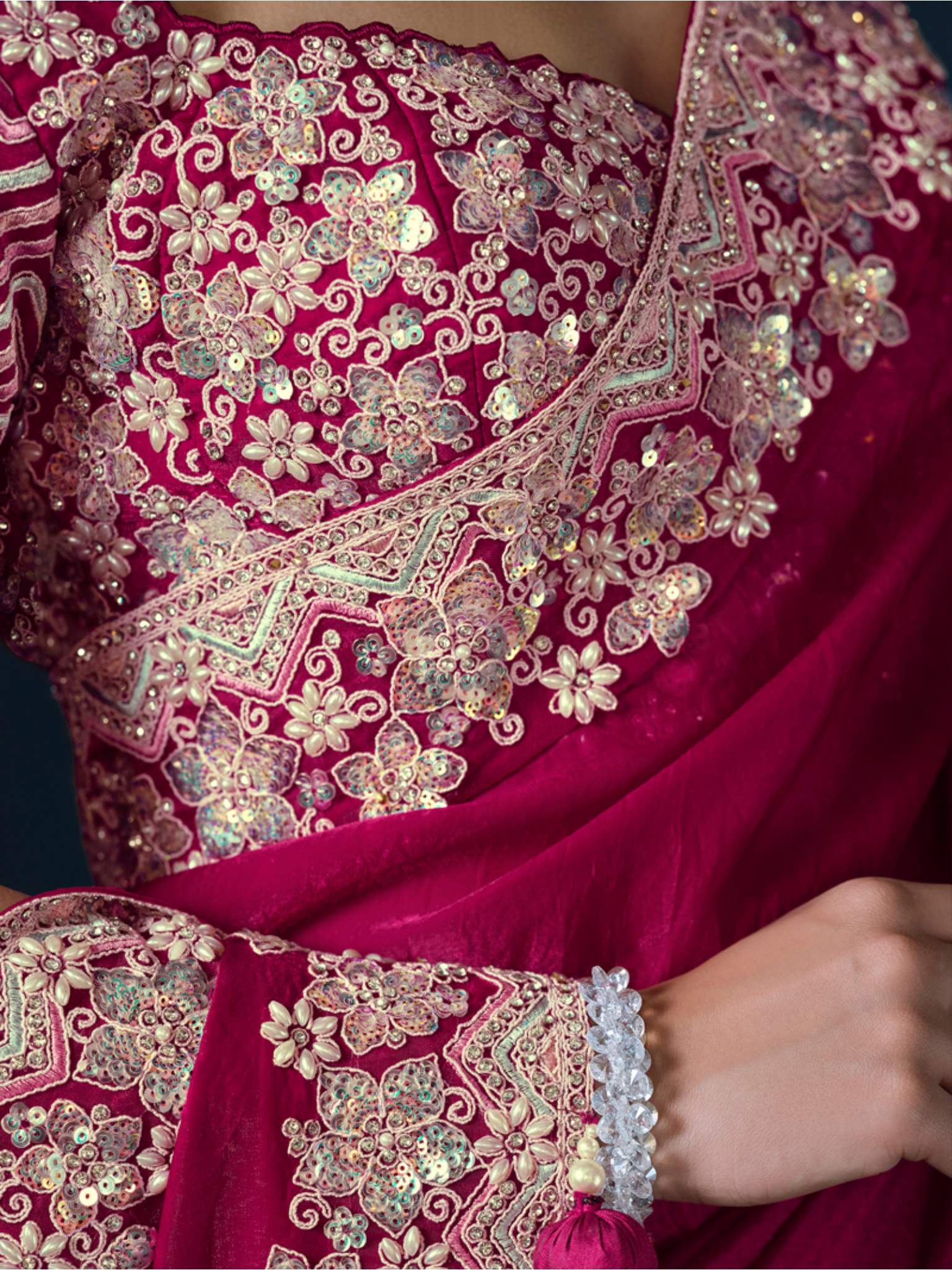 Pink Two Tone Satin Silk Sequins Saree - View 1