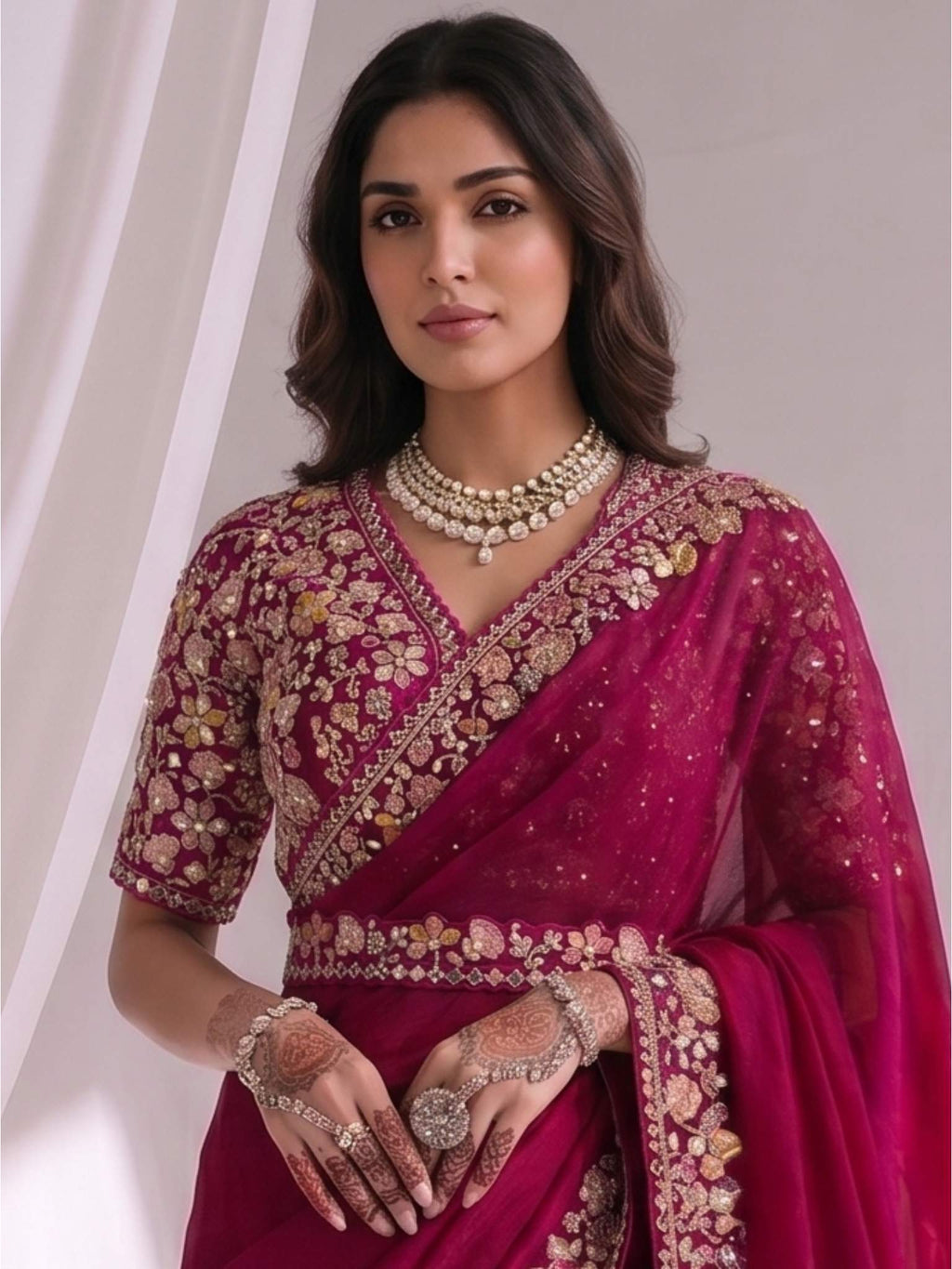 Pink Two Tone Satin Silk Sequins Drape Saree