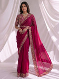 Pink Two Tone Satin Silk Sequins Drape Saree - View 1