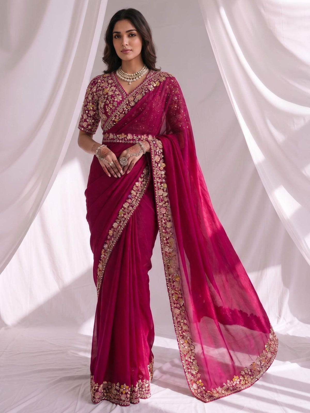 Pink Two Tone Satin Silk Sequins Drape Saree - View 1