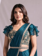 Teal Blue Two Tone Satin Silk Sequins Drape Saree - View 1