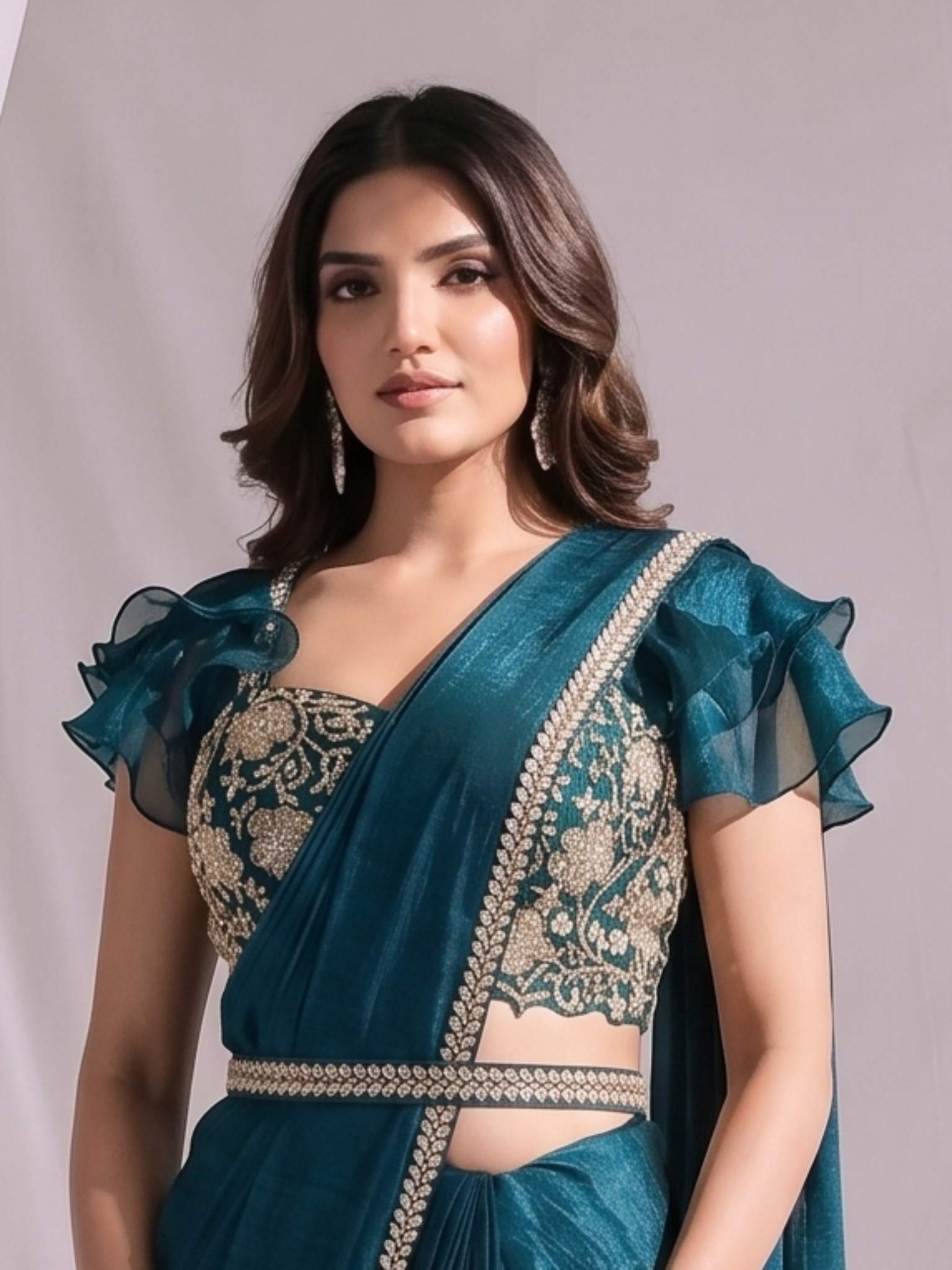 Teal Blue Two Tone Satin Silk Sequins Drape Saree - View 1
