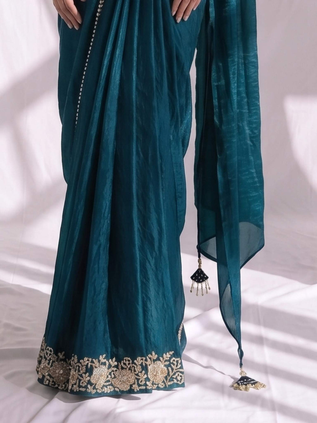 Teal Blue Two Tone Satin Silk Sequins Drape Saree