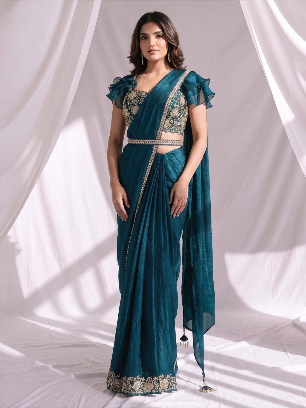 Teal Blue Two Tone Satin Silk Sequins Drape Saree