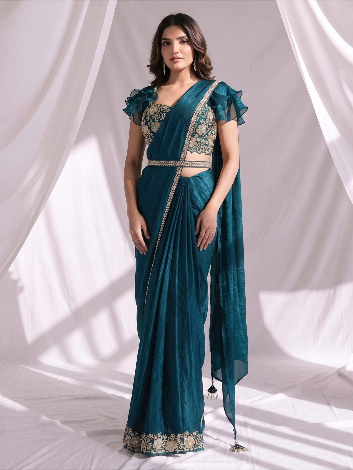 Teal Blue Two Tone Satin Silk Sequins Drape Saree