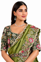 Olive Green Glass Tissue Saree - Naksh Creation