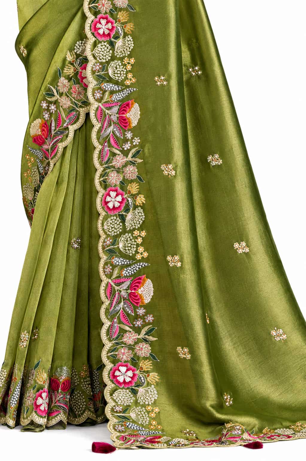 Olive Green Glass Tissue Saree - Naksh Creation