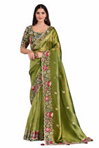 Olive Green Glass Tissue Saree - Naksh Creation