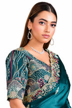 Peacock Blue Crush Satin Silk Saree - Naksh Creation